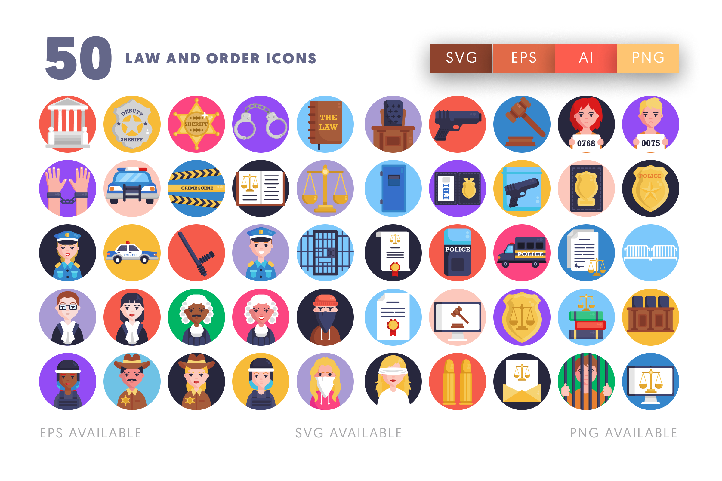 50 Law and Order Icons – flat circle icon set