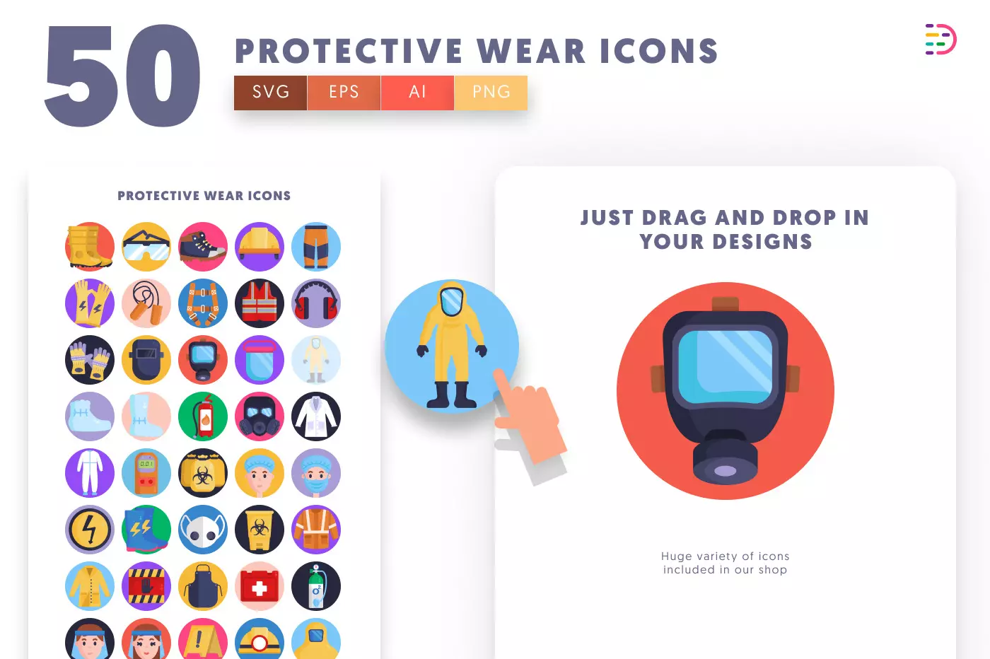 50 Personal Protective Equipment Icons preview 1 – flat circle icons in PNG, SVG and EPS