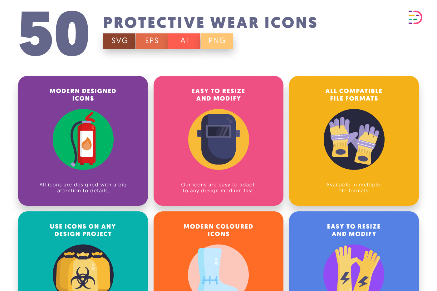 50 Personal Protective Equipment Icons preview 5 – flat circle icons in PNG, SVG and EPS