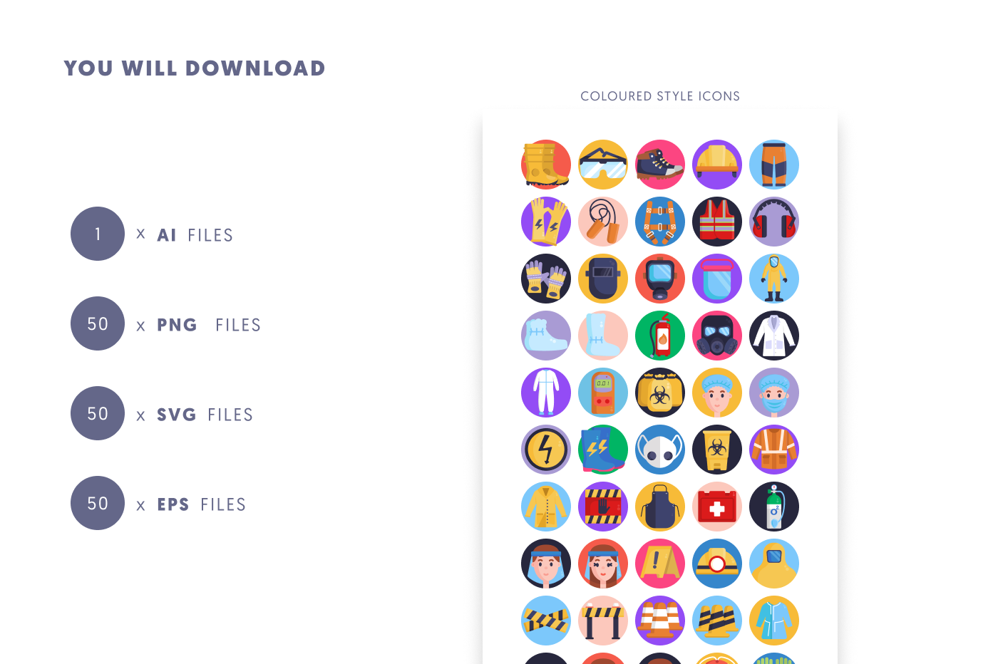 50 Personal Protective Equipment Icons preview 9 – flat circle icons in PNG, SVG and EPS