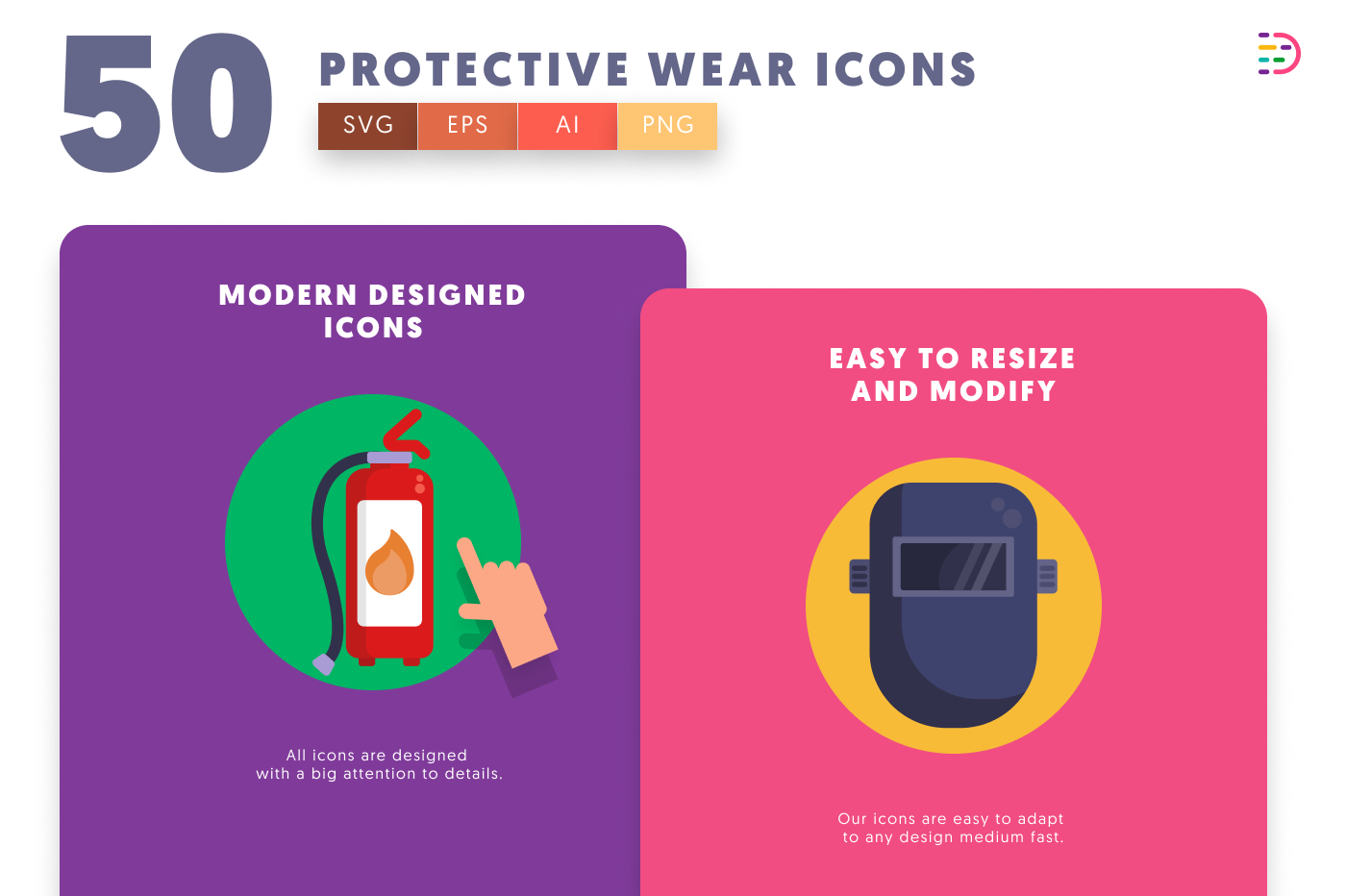 50 Personal Protective Equipment Icons cover – flat circle icons in PNG, SVG and EPS