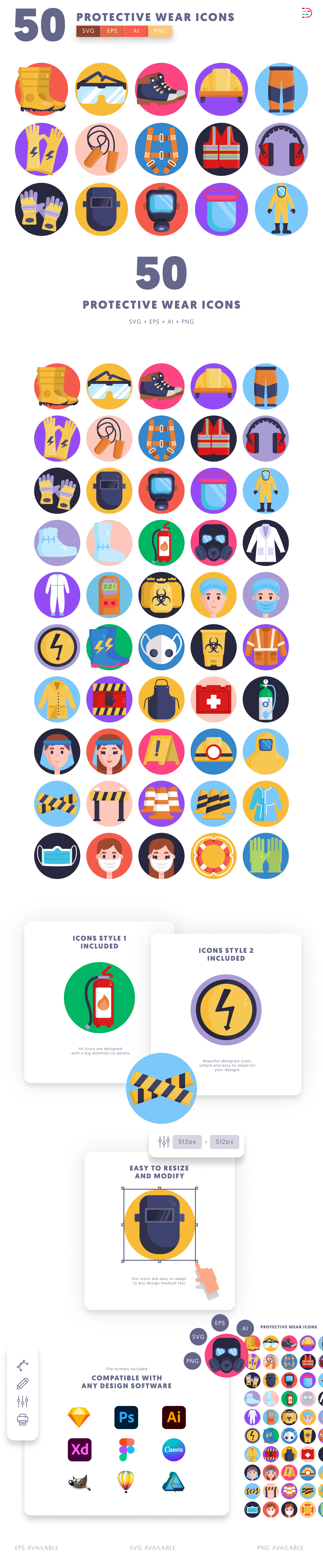 50 Personal Protective Equipment Icons cover – flat circle icons in PNG, SVG and EPS