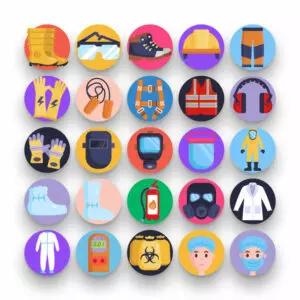 50 Personal Protective Equipment Icons – set of colorful flat circle icons