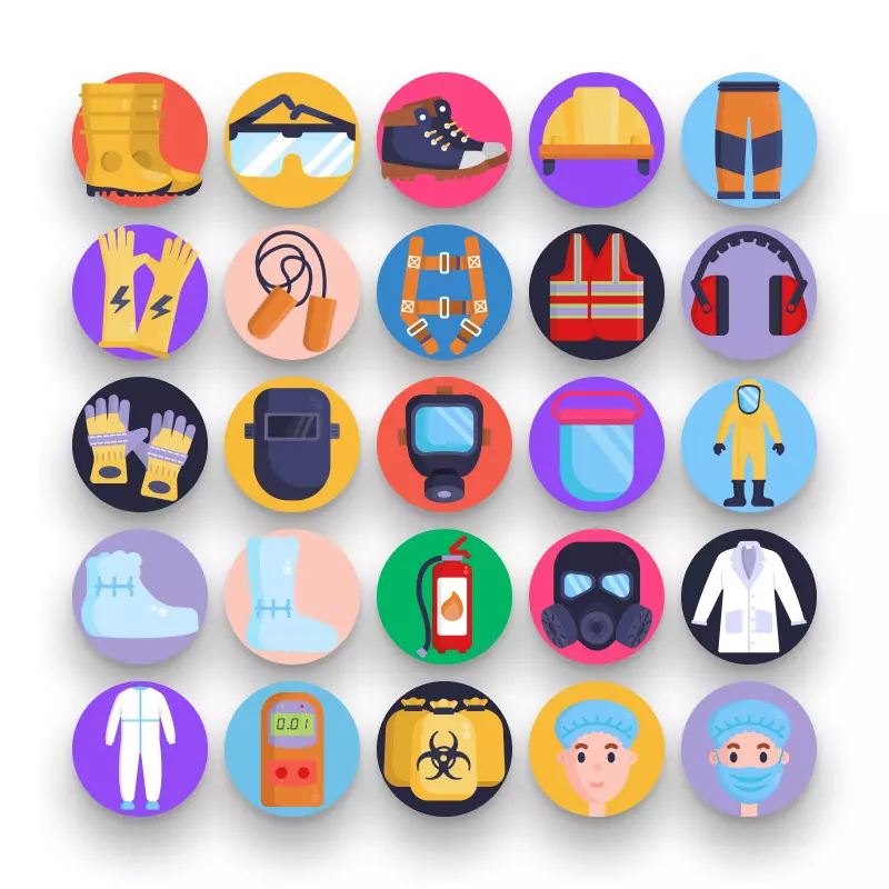 50 Personal Protective Equipment Icons – set of colorful flat circle icons