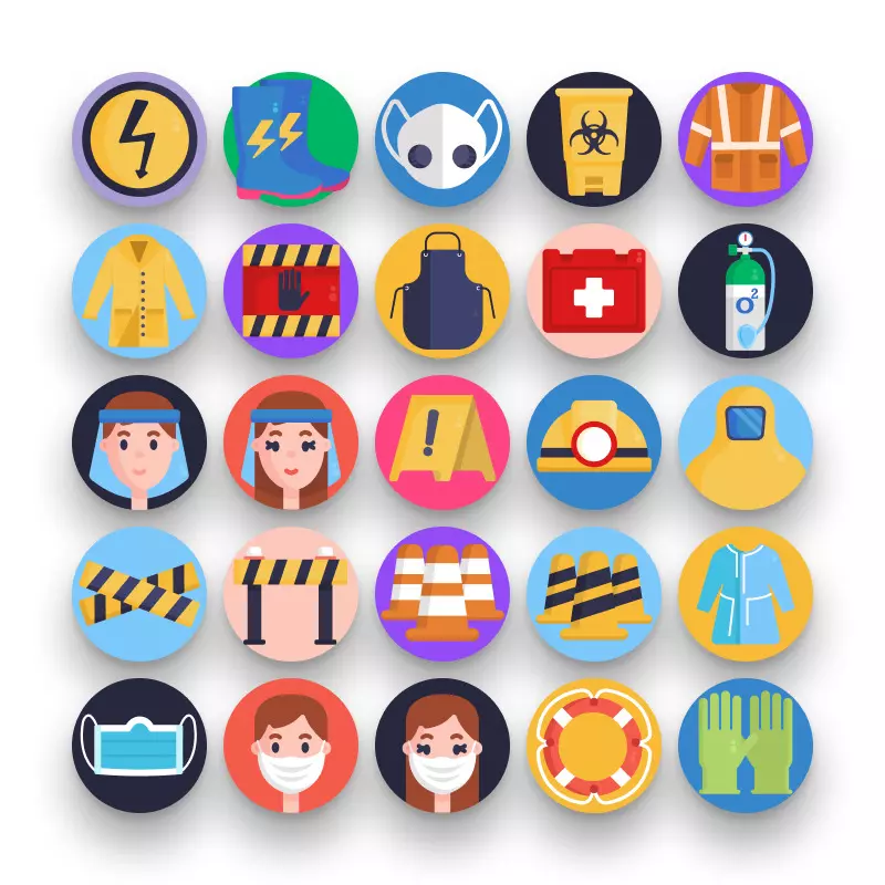 50 Personal Protective Equipment Icons – set of colorful flat circle icons
