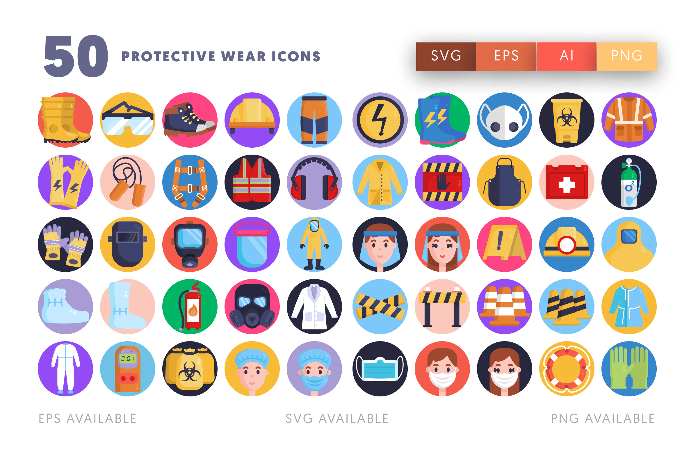 50 Personal Protective Equipment Icons – flat circle icon set