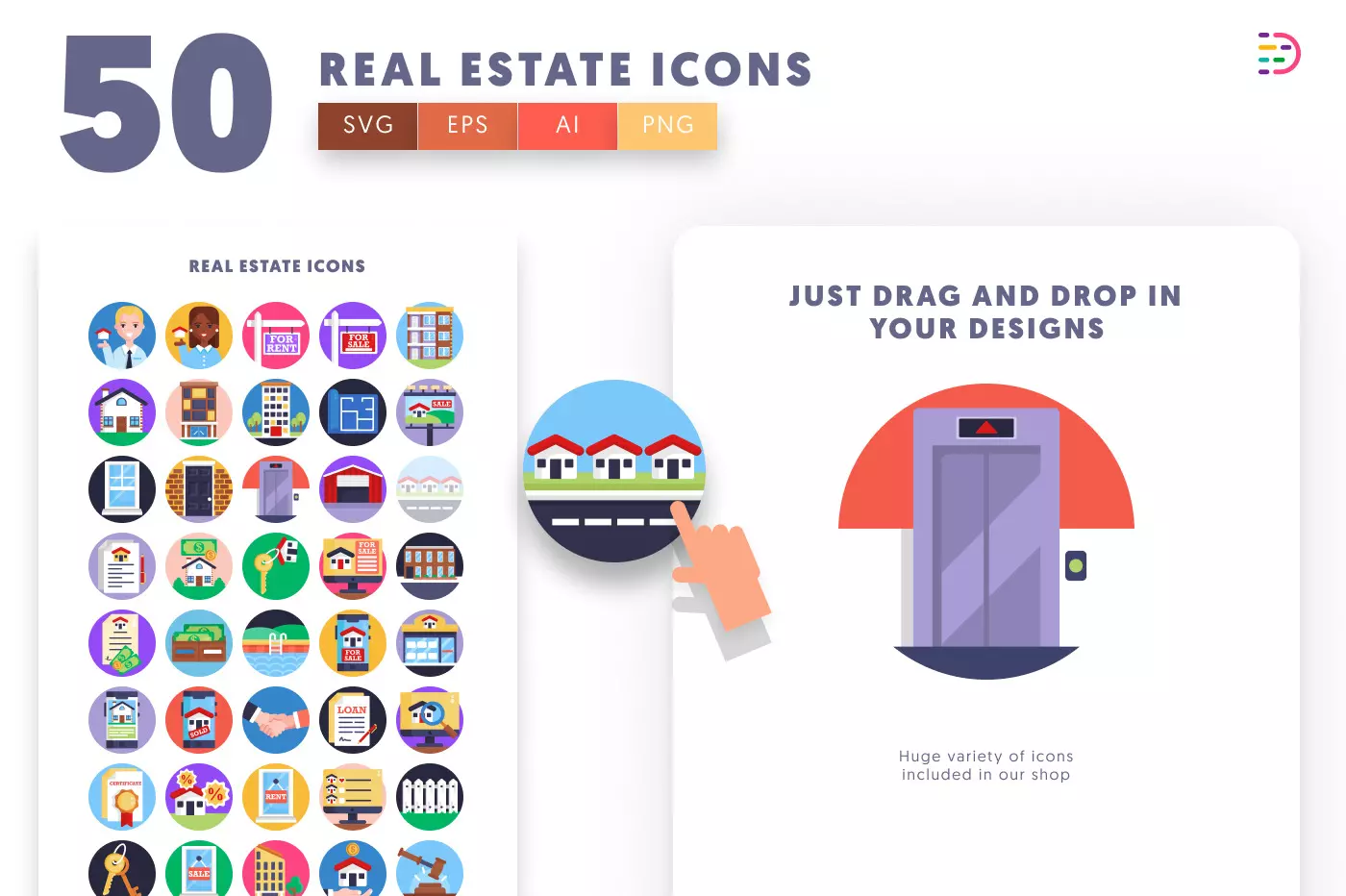 50 Real Estate Icons preview 1 – flat circle icons in PNG, SVG and EPS