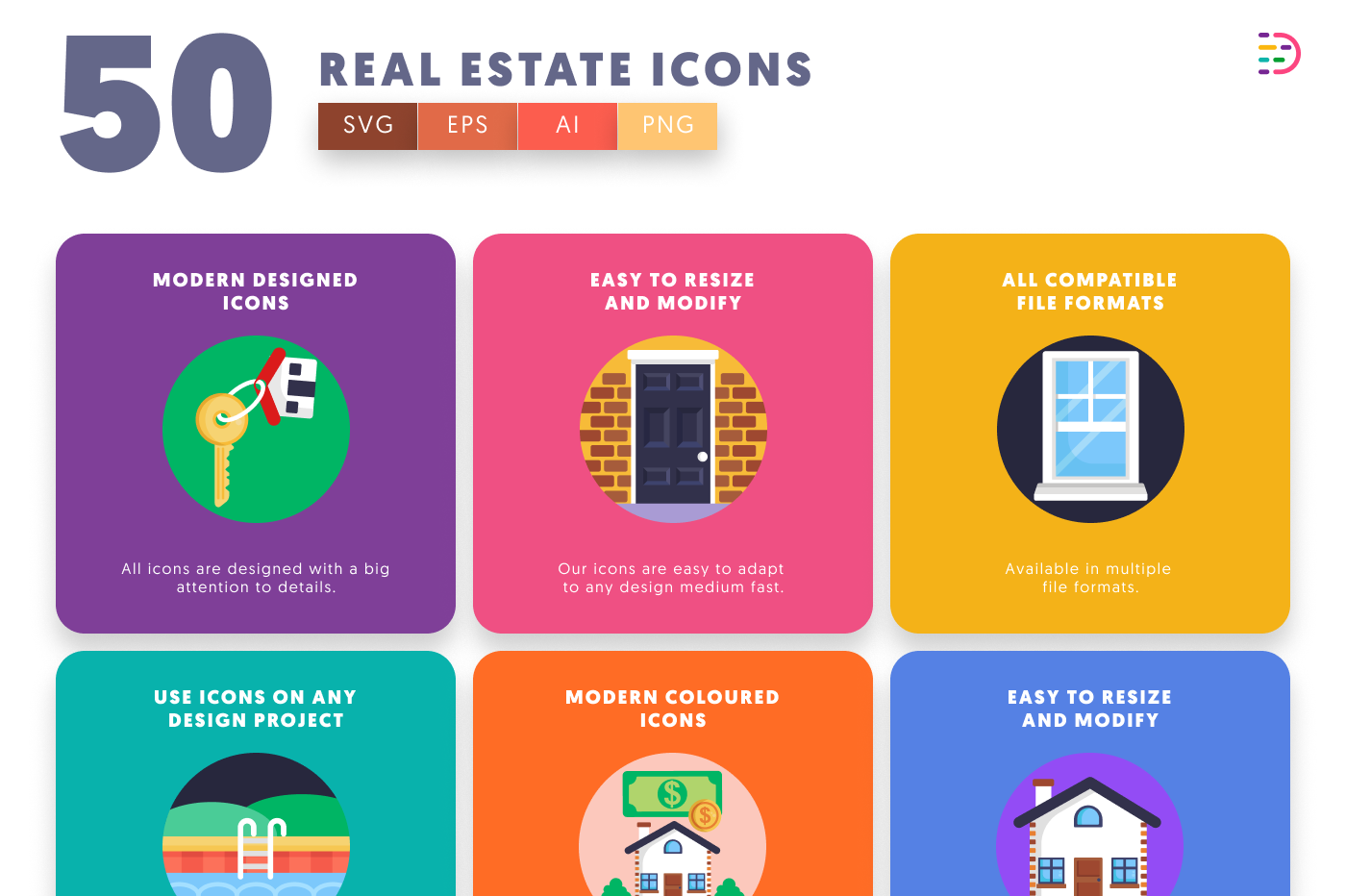 50 Real Estate Icons preview 5 – flat circle icons in PNG, SVG and EPS