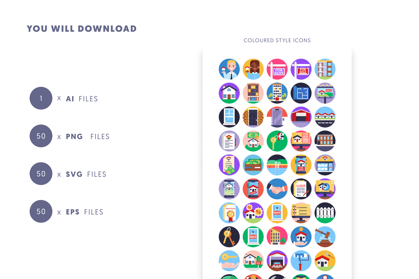 50 Real Estate Icons preview 9 – flat circle icons in PNG, SVG and EPS