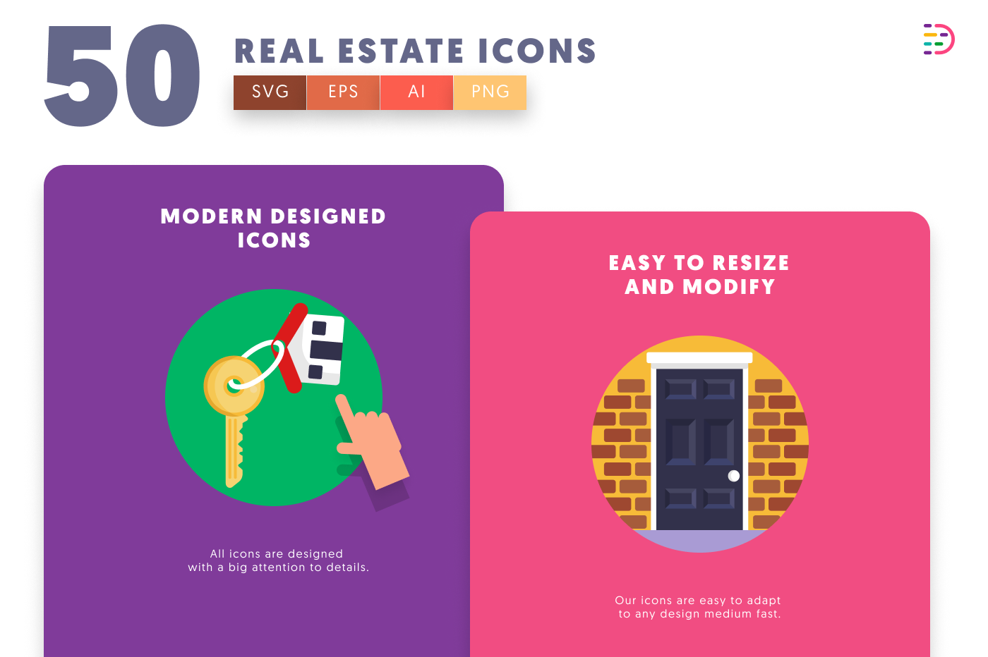 50 Real Estate Icons cover – flat circle icons in PNG, SVG and EPS