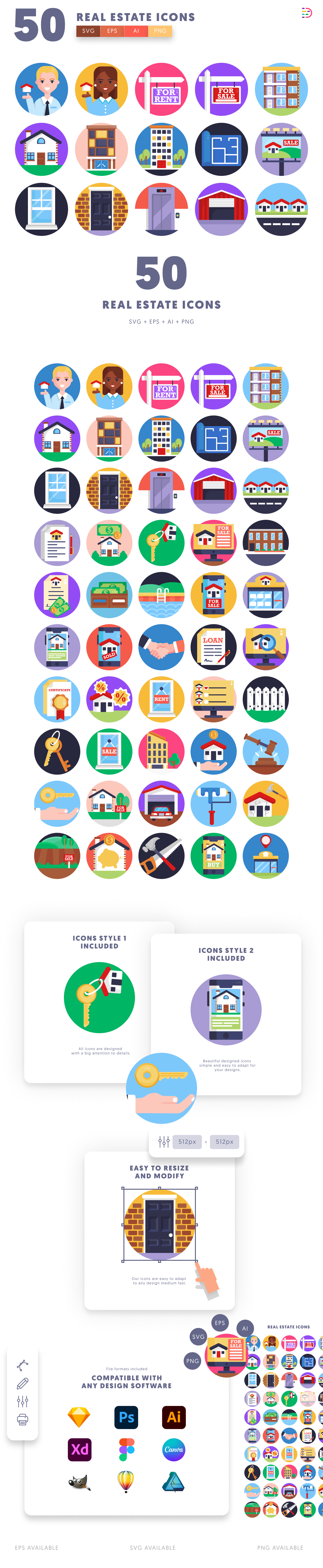 50 Real Estate Icons cover – flat circle icons in PNG, SVG and EPS