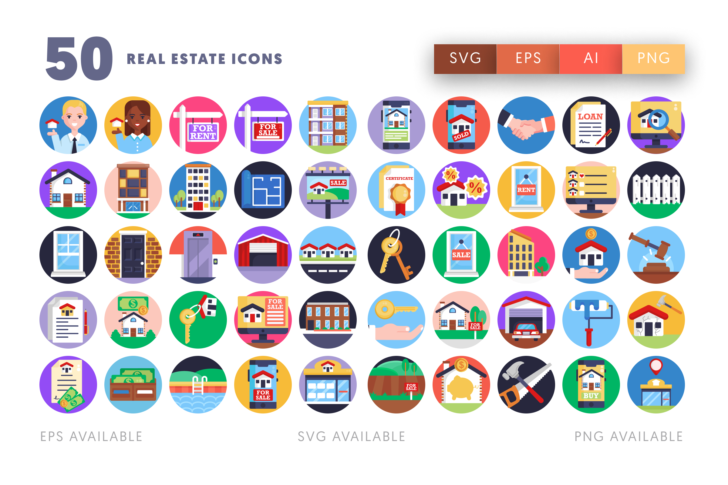 50 Real Estate Icons – flat circle icon set