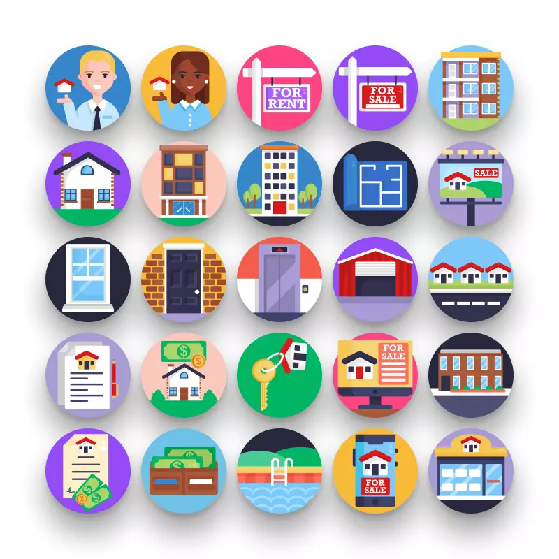 50 Real Estate Icons – set of colorful flat circle icons