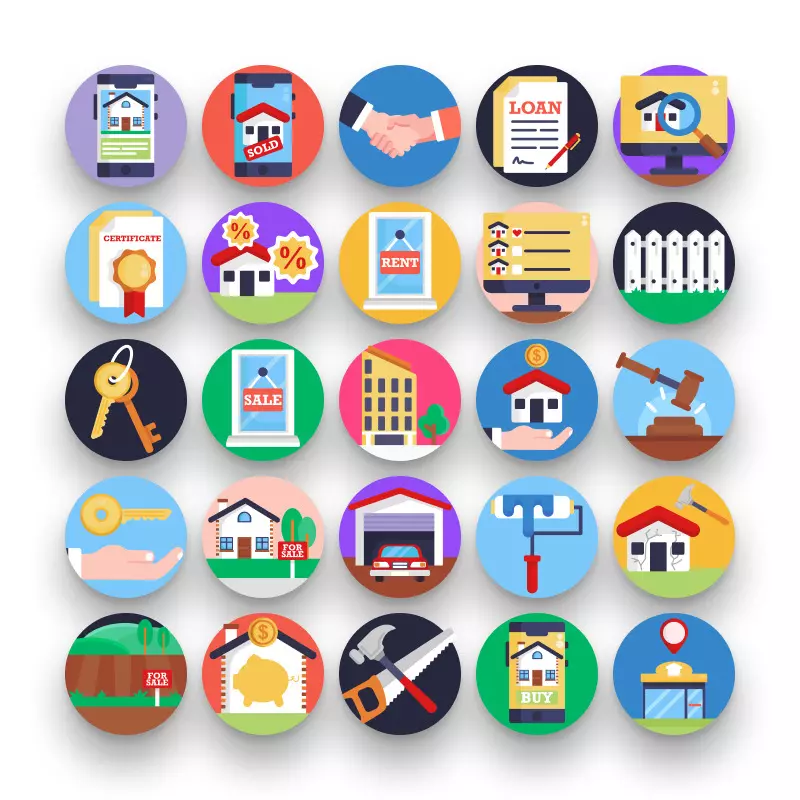 50 Real Estate Icons – set of colorful flat circle icons