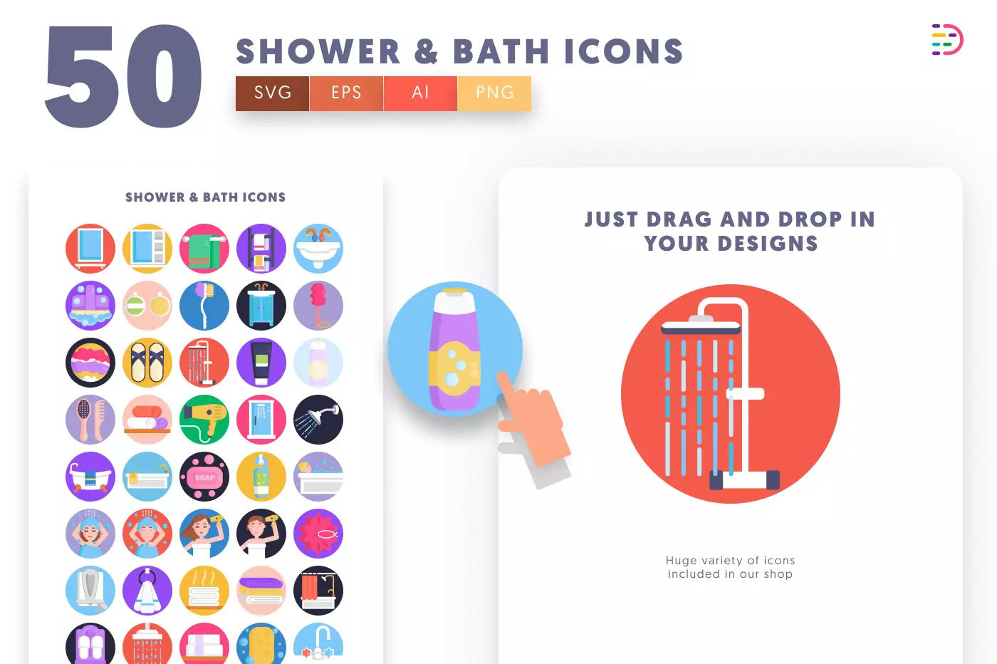 50 Shower & Bath Icons preview 1 – flat circle icons in PNG, SVG and EPS