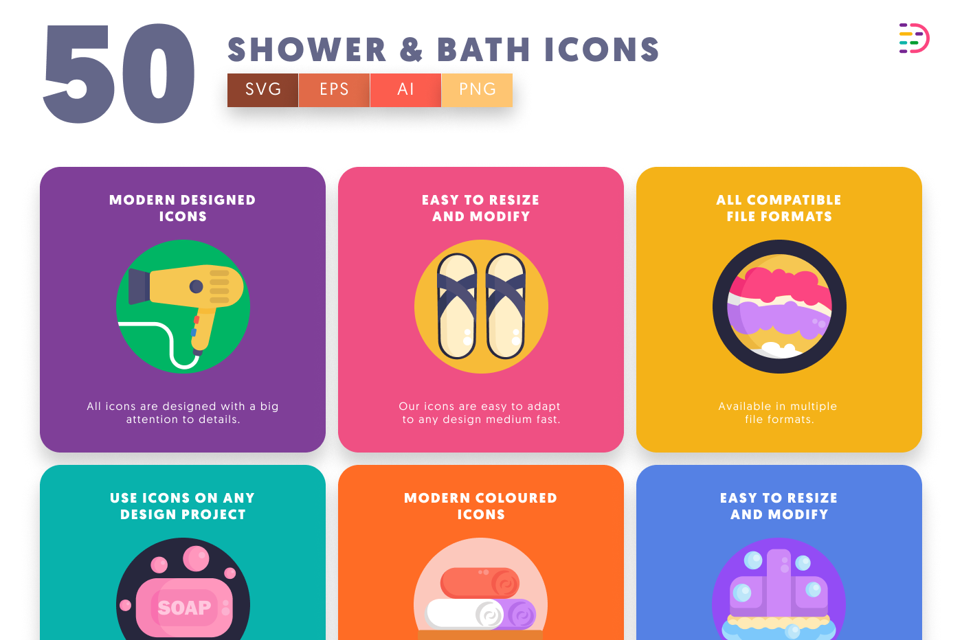 50 Shower & Bath Icons preview 5 – flat circle icons in PNG, SVG and EPS