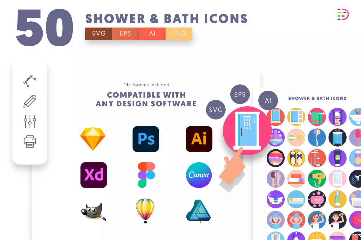 50 Shower & Bath Icons preview 8 – flat circle icons in PNG, SVG and EPS