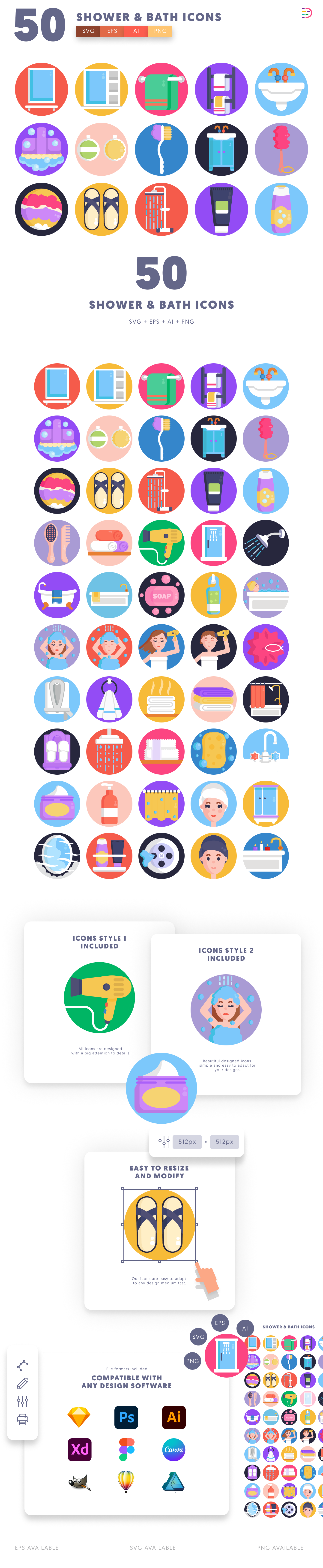50 Shower & Bath Icons cover – flat circle icons in PNG, SVG and EPS