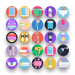 50 Shower & Bath Icons – set of colorful flat circle icons