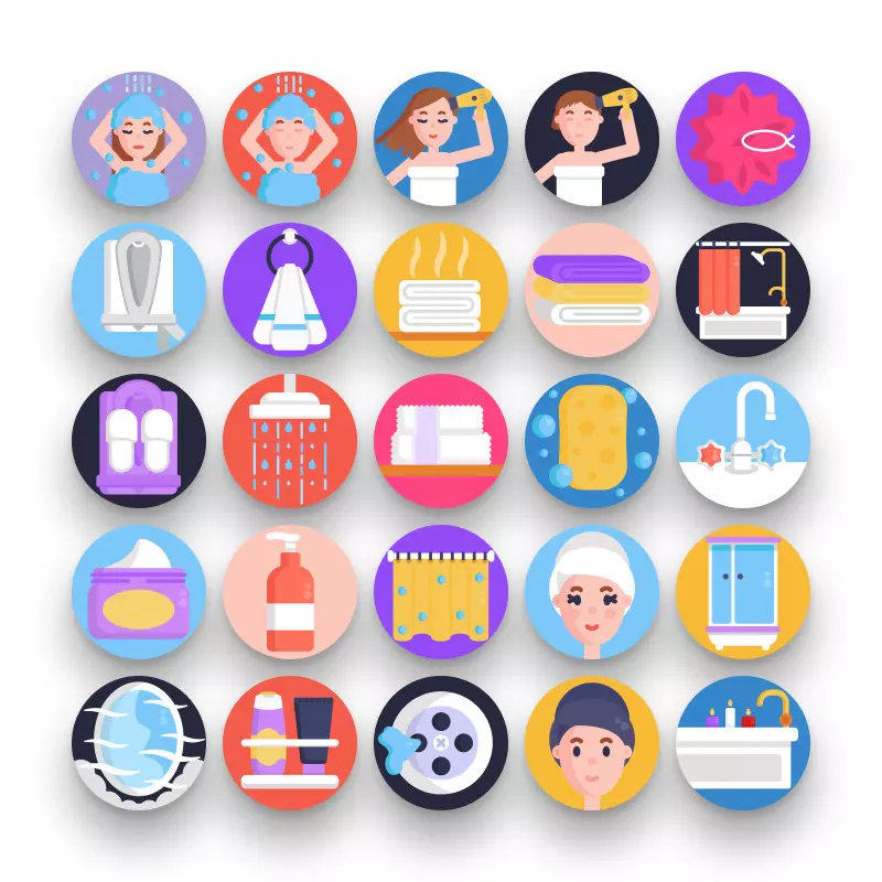 50 Shower & Bath Icons – set of colorful flat circle icons