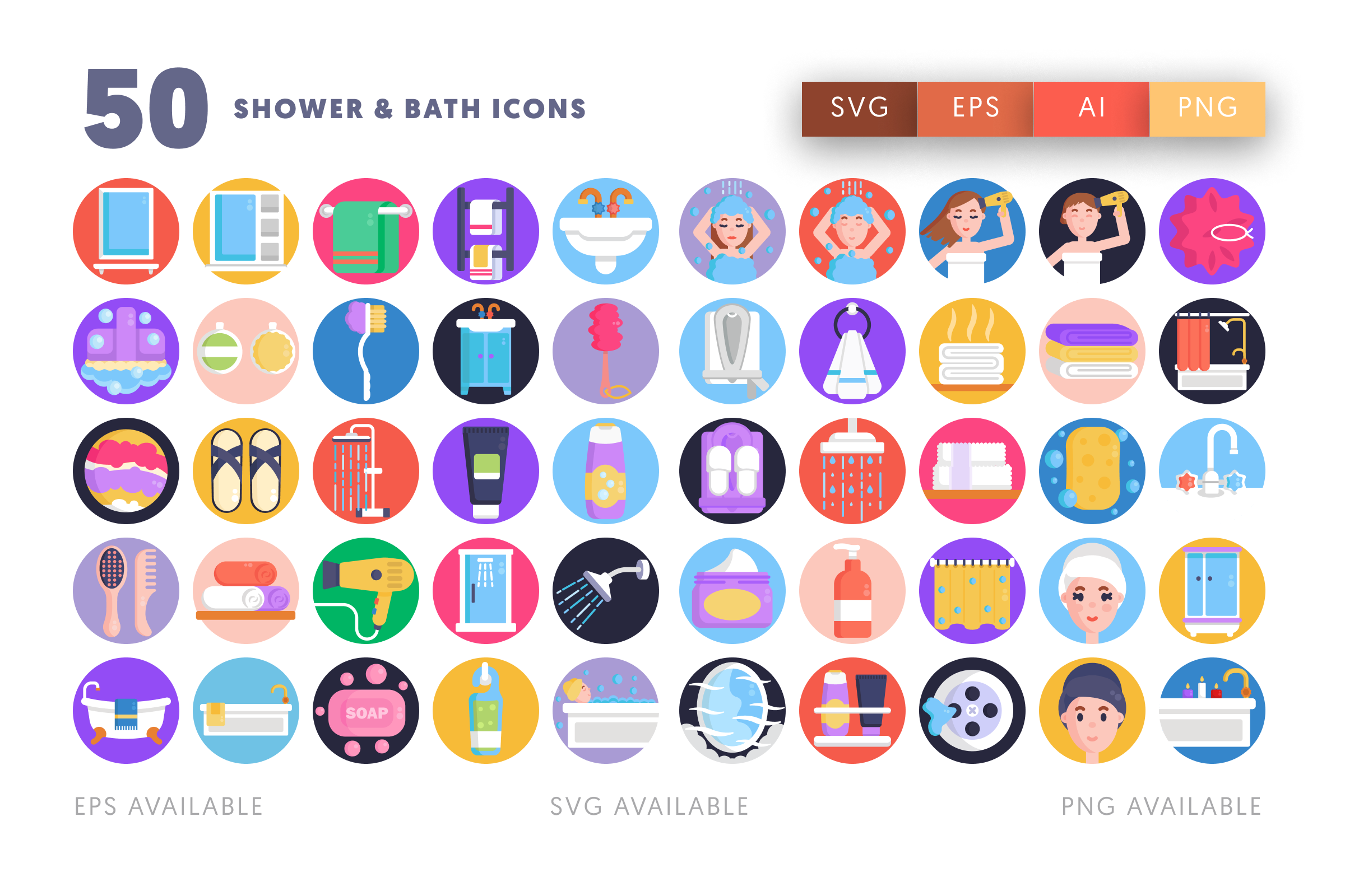 50 Shower & Bath Icons – flat circle icon set