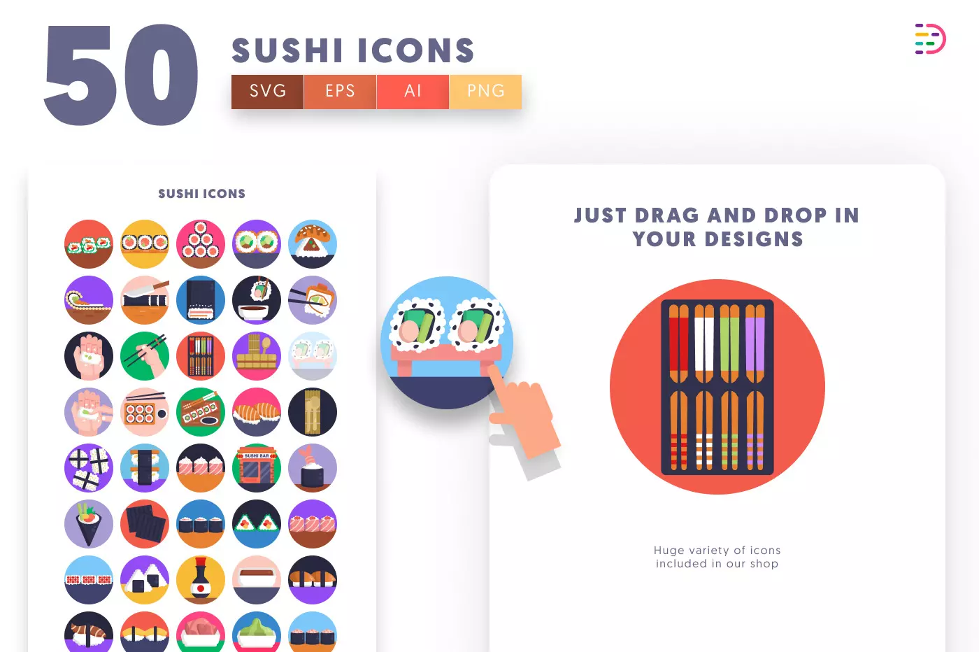 50 Sushi Icons preview 1 – flat circle icons in PNG, SVG and EPS