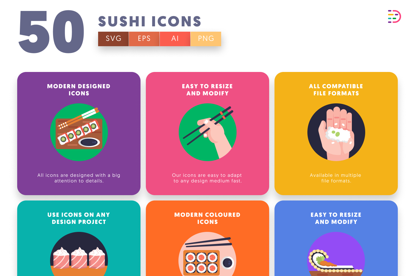 50 Sushi Icons preview 5 – flat circle icons in PNG, SVG and EPS