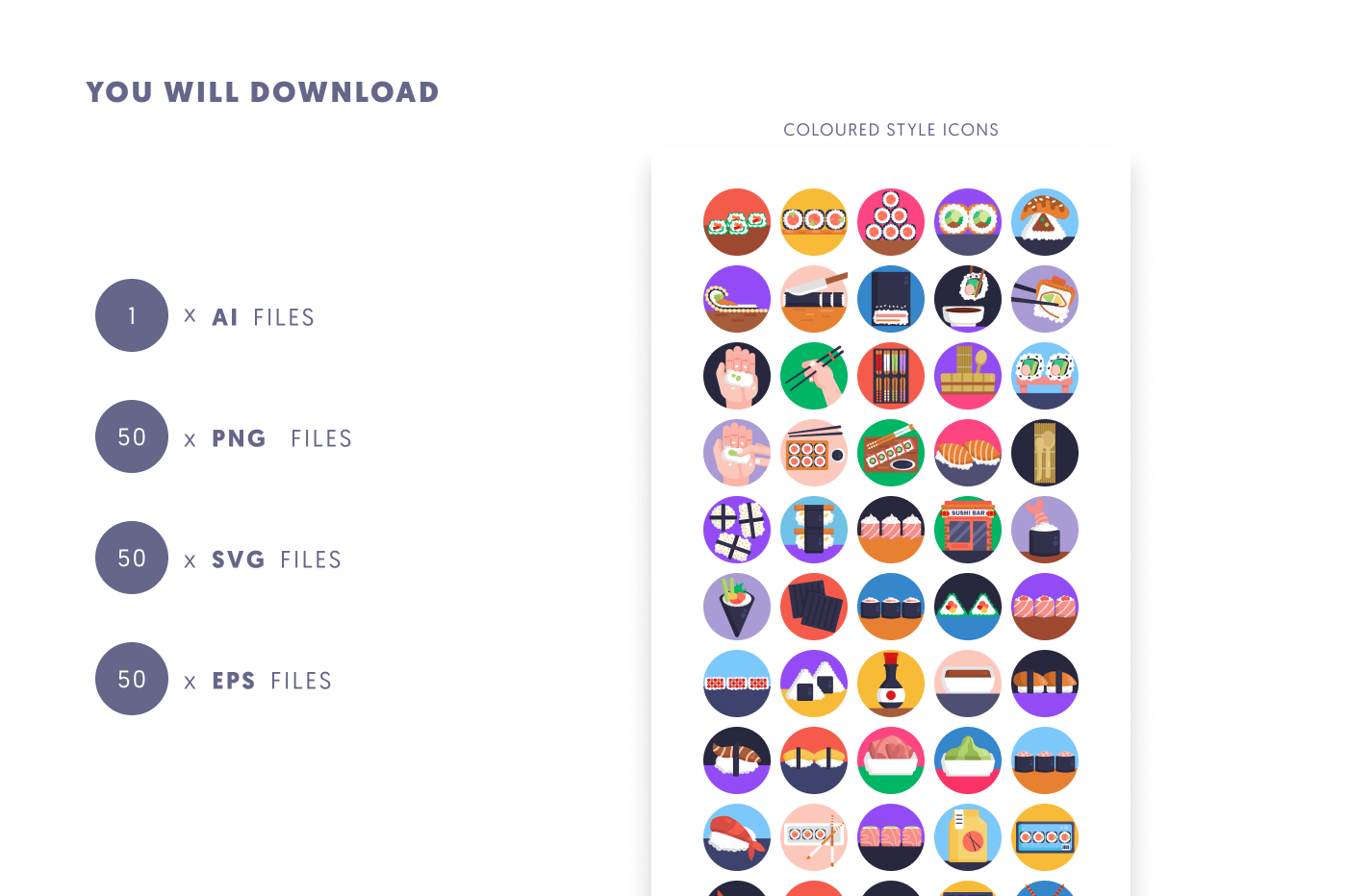 50 Sushi Icons preview 9 – flat circle icons in PNG, SVG and EPS