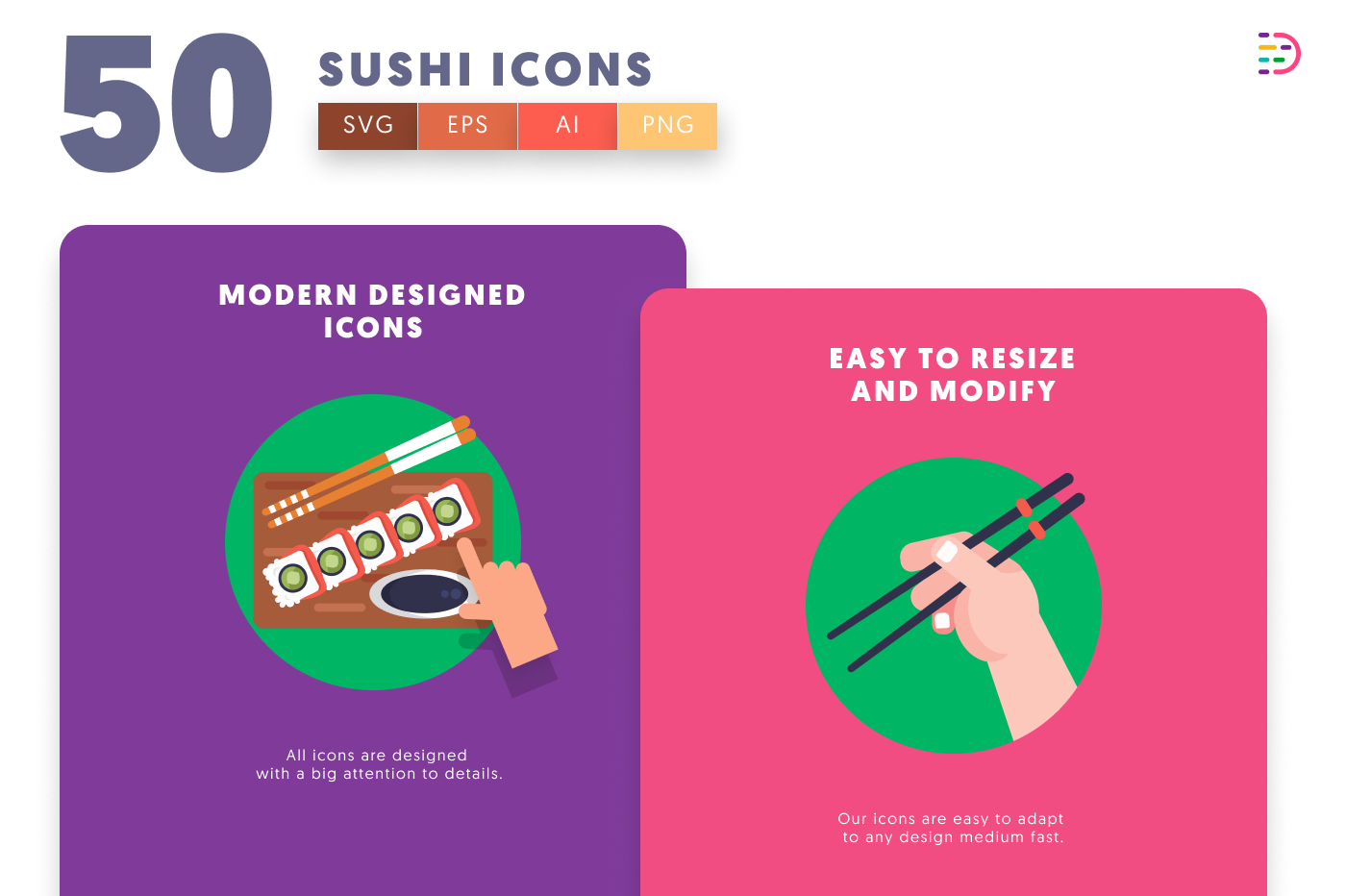 50 Sushi Icons cover – flat circle icons in PNG, SVG and EPS
