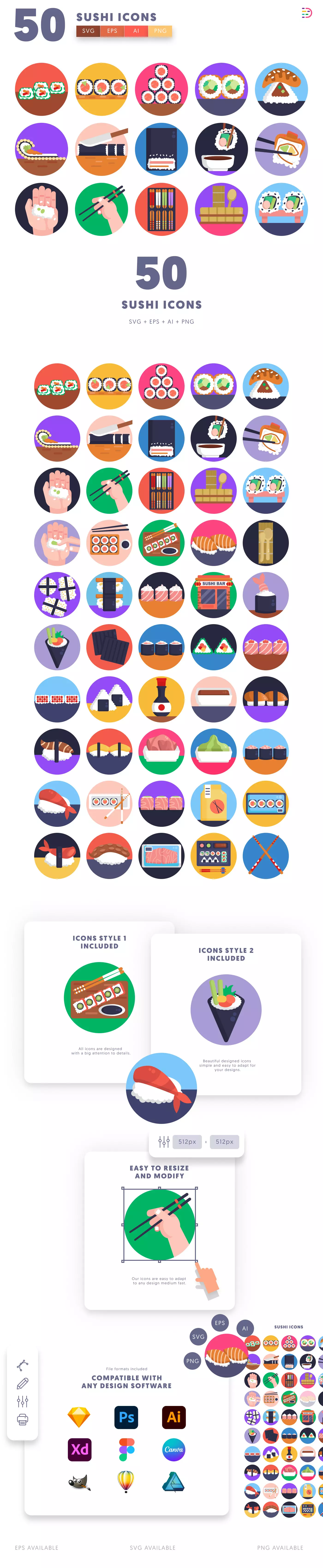 50 Sushi Icons cover – flat circle icons in PNG, SVG and EPS