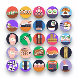 50 Sushi Icons – set of colorful flat circle icons