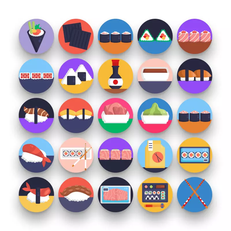 50 Sushi Icons – set of colorful flat circle icons
