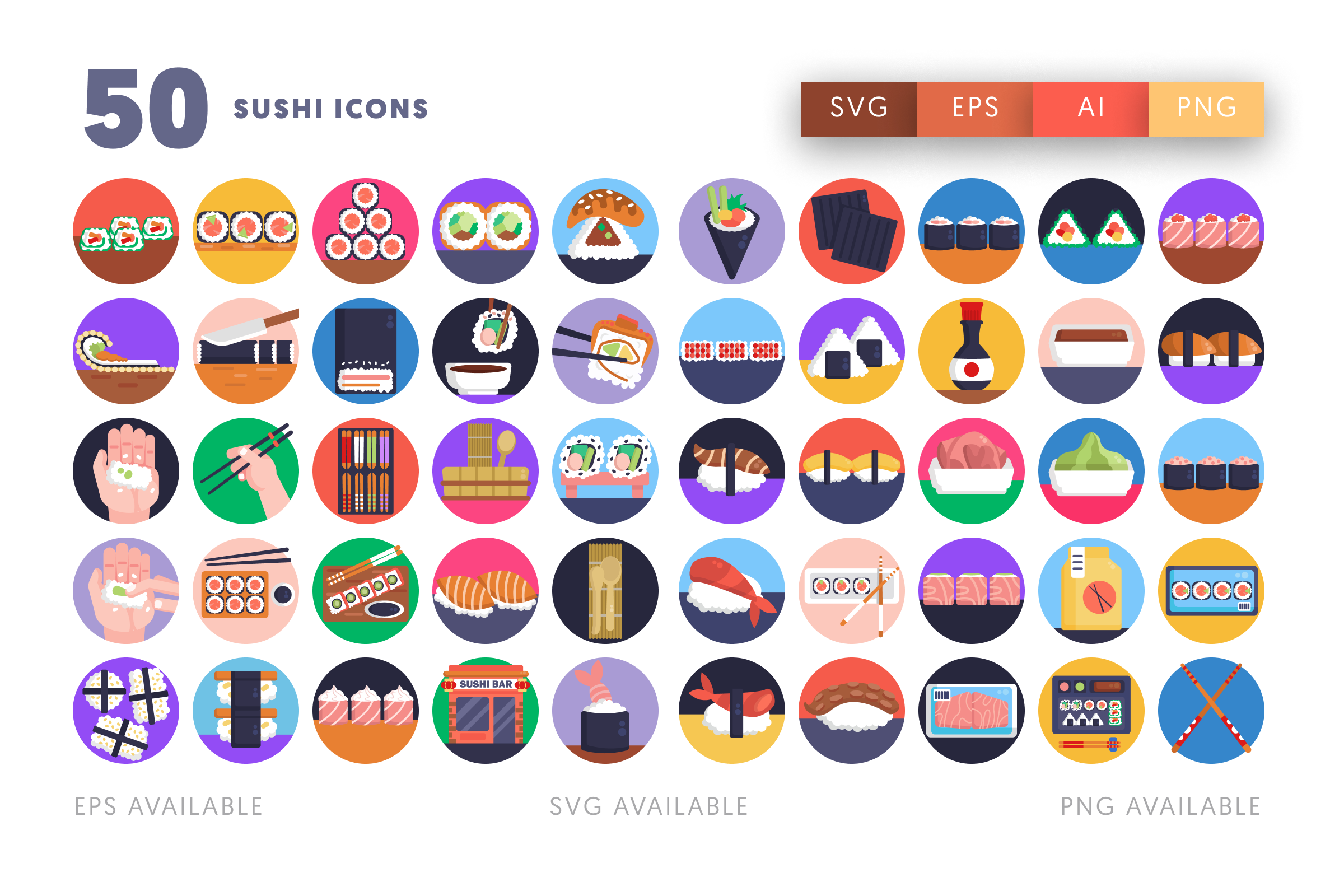 50 Sushi Icons – flat circle icon set