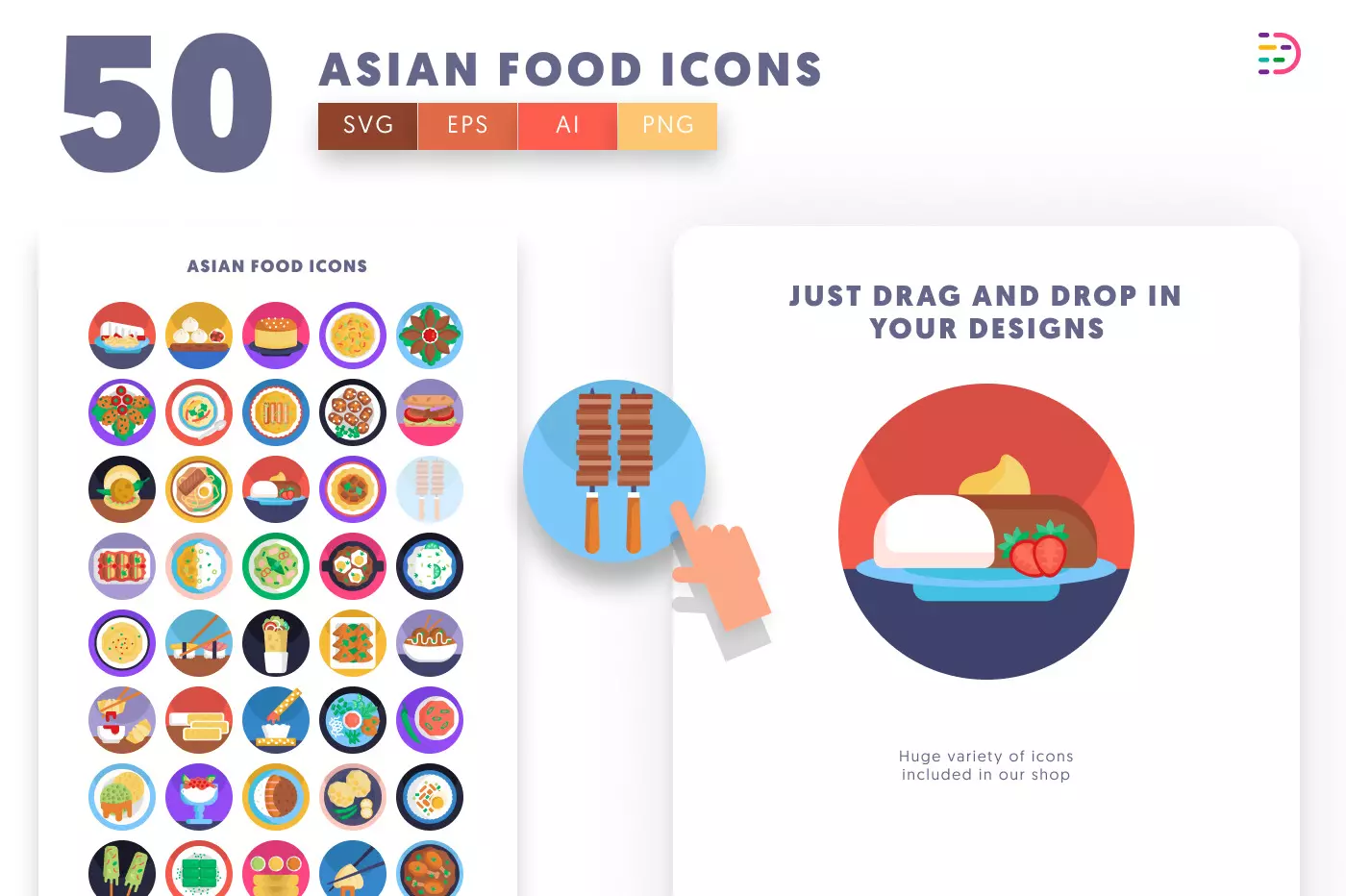50 Asian Food Icons preview 1 – flat circle icons in PNG, SVG and EPS