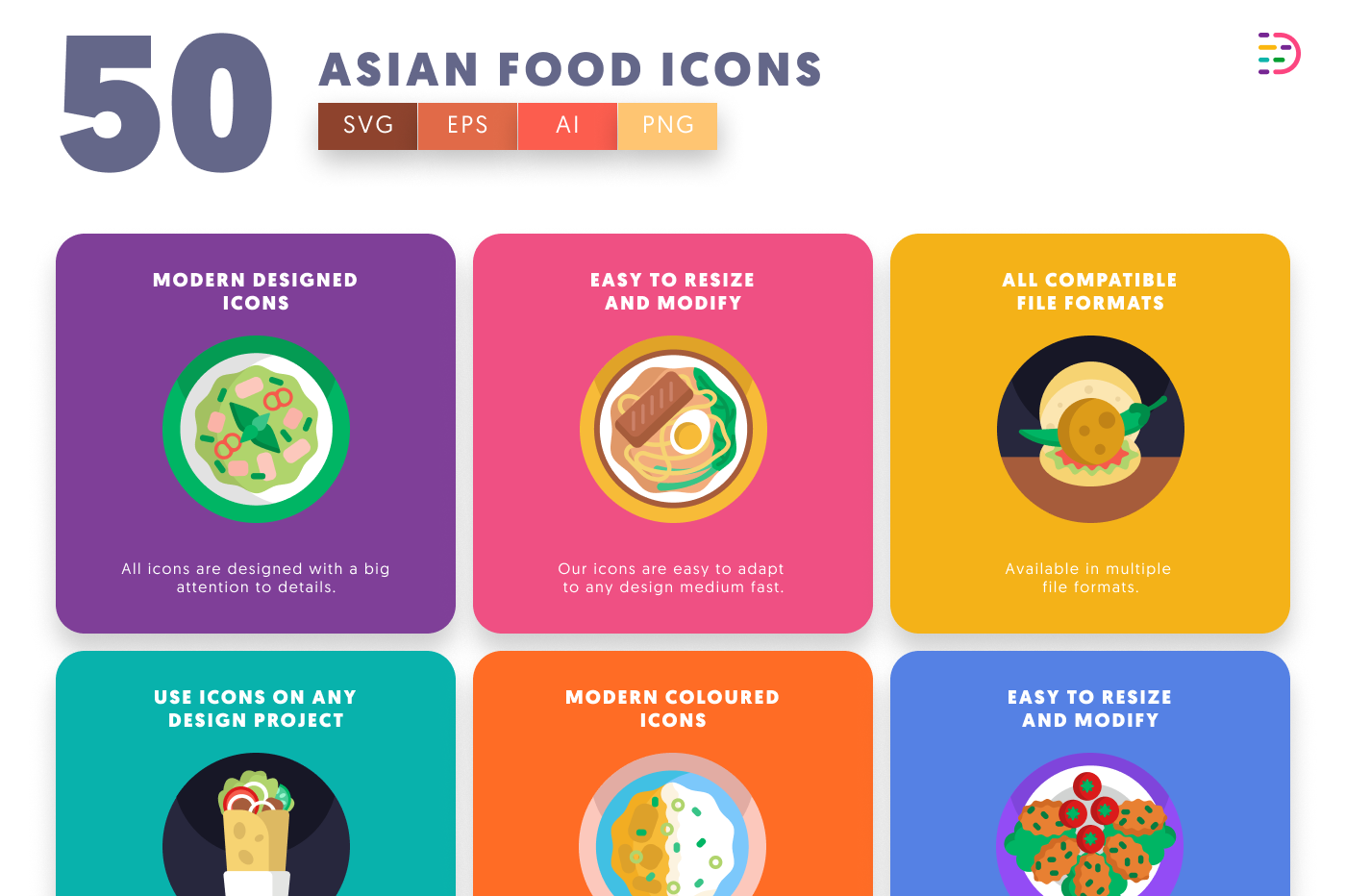 50 Asian Food Icons preview 5 – flat circle icons in PNG, SVG and EPS