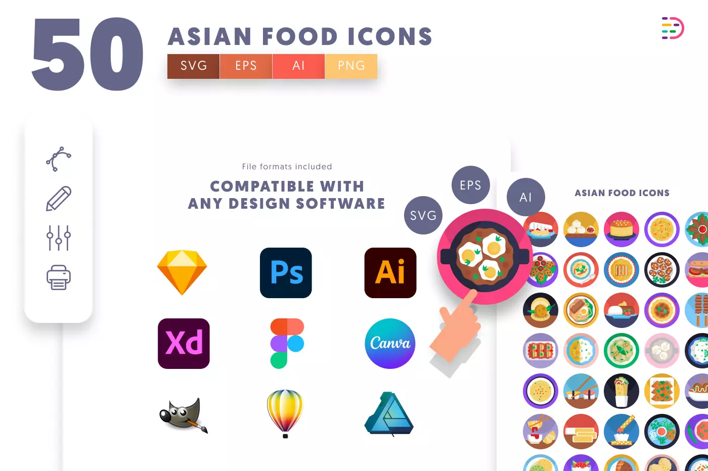 50 Asian Food Icons preview 8 – flat circle icons in PNG, SVG and EPS