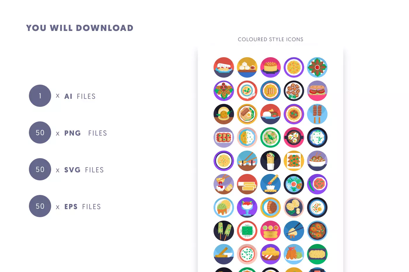 50 Asian Food Icons preview 9 – flat circle icons in PNG, SVG and EPS