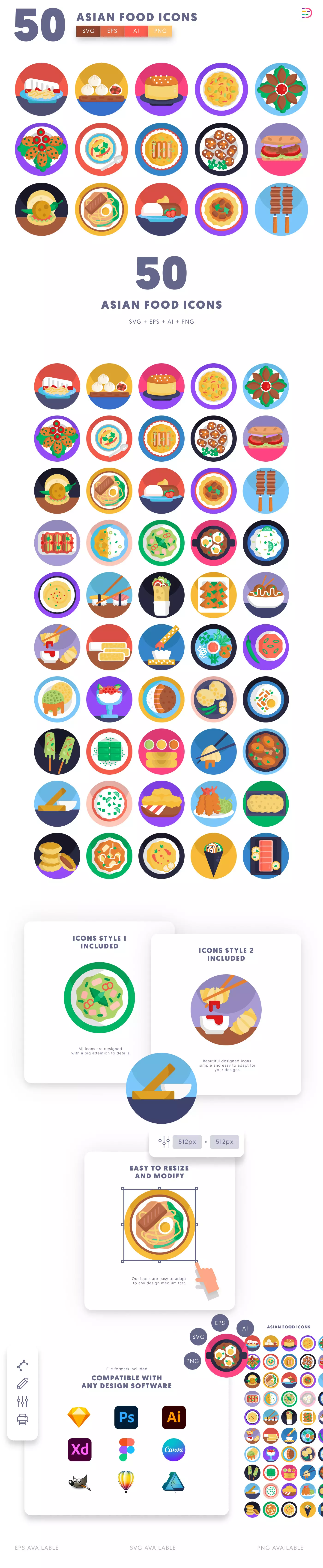 50 Asian Food Icons cover – flat circle icons in PNG, SVG and EPS