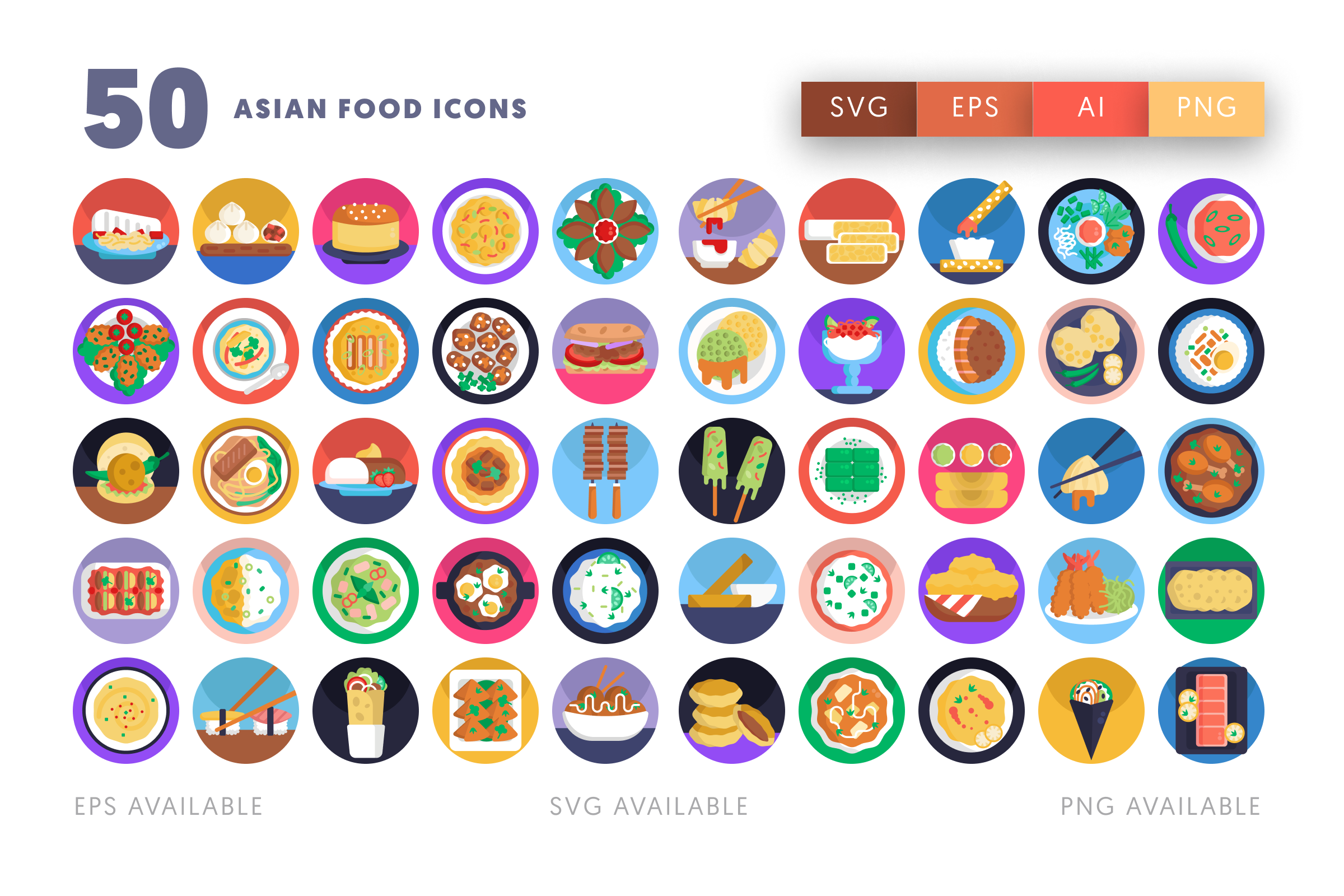 50 Asian Food Icons – flat circle icon set