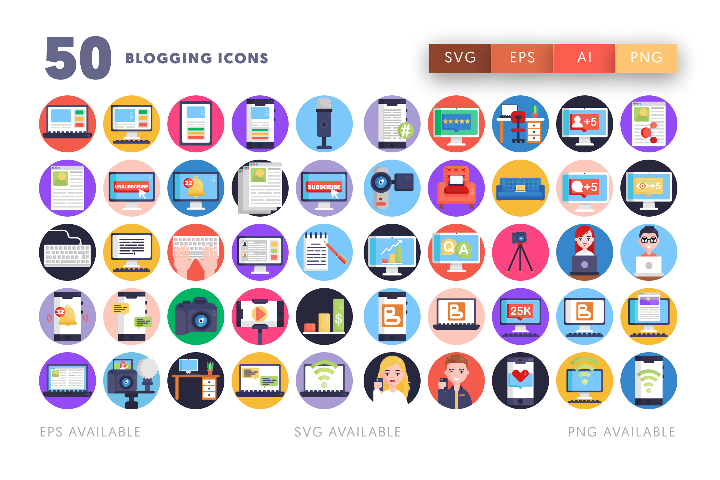 50 Blogging Icons – flat circle icon set