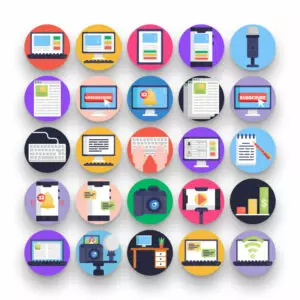 50 Blogging Icons – set of colorful flat circle icons