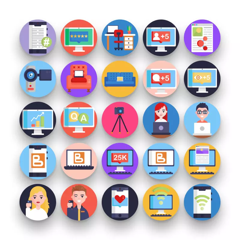 50 Blogging Icons – set of colorful flat circle icons