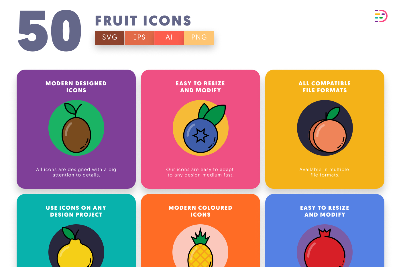50 Fruit Icons preview 5 – flat circle icons in PNG, SVG and EPS