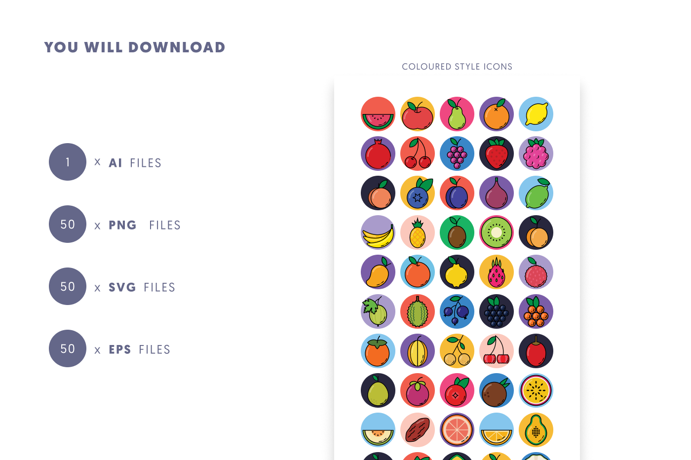 50 Fruit Icons preview 9 – flat circle icons in PNG, SVG and EPS