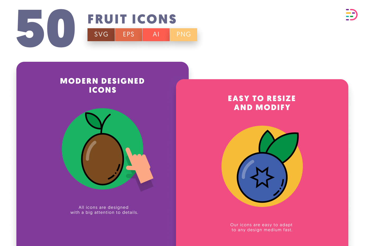 50 Fruit Icons cover – flat circle icons in PNG, SVG and EPS