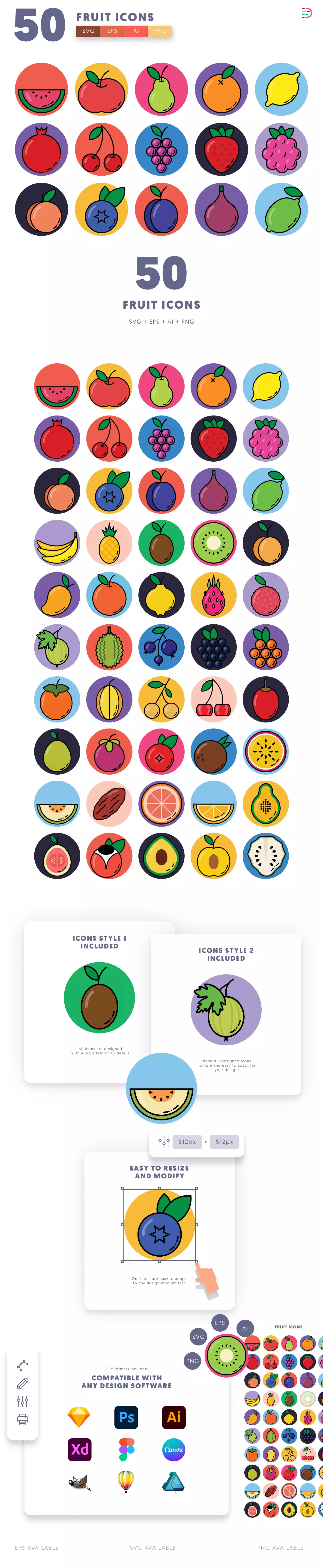50 Fruit Icons cover – flat circle icons in PNG, SVG and EPS