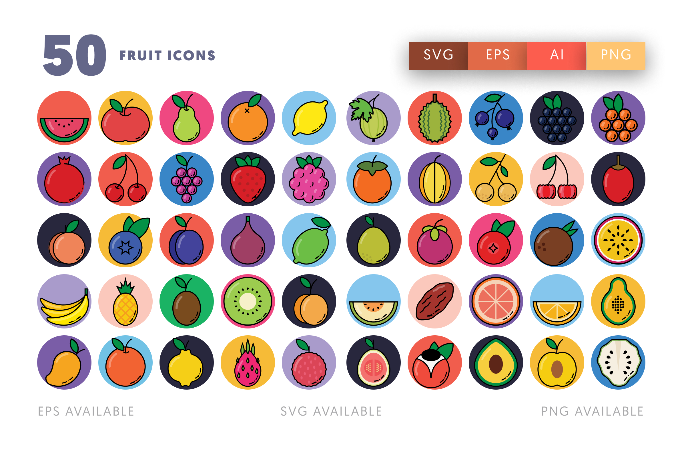 50 Fruit Icons – flat circle icon set