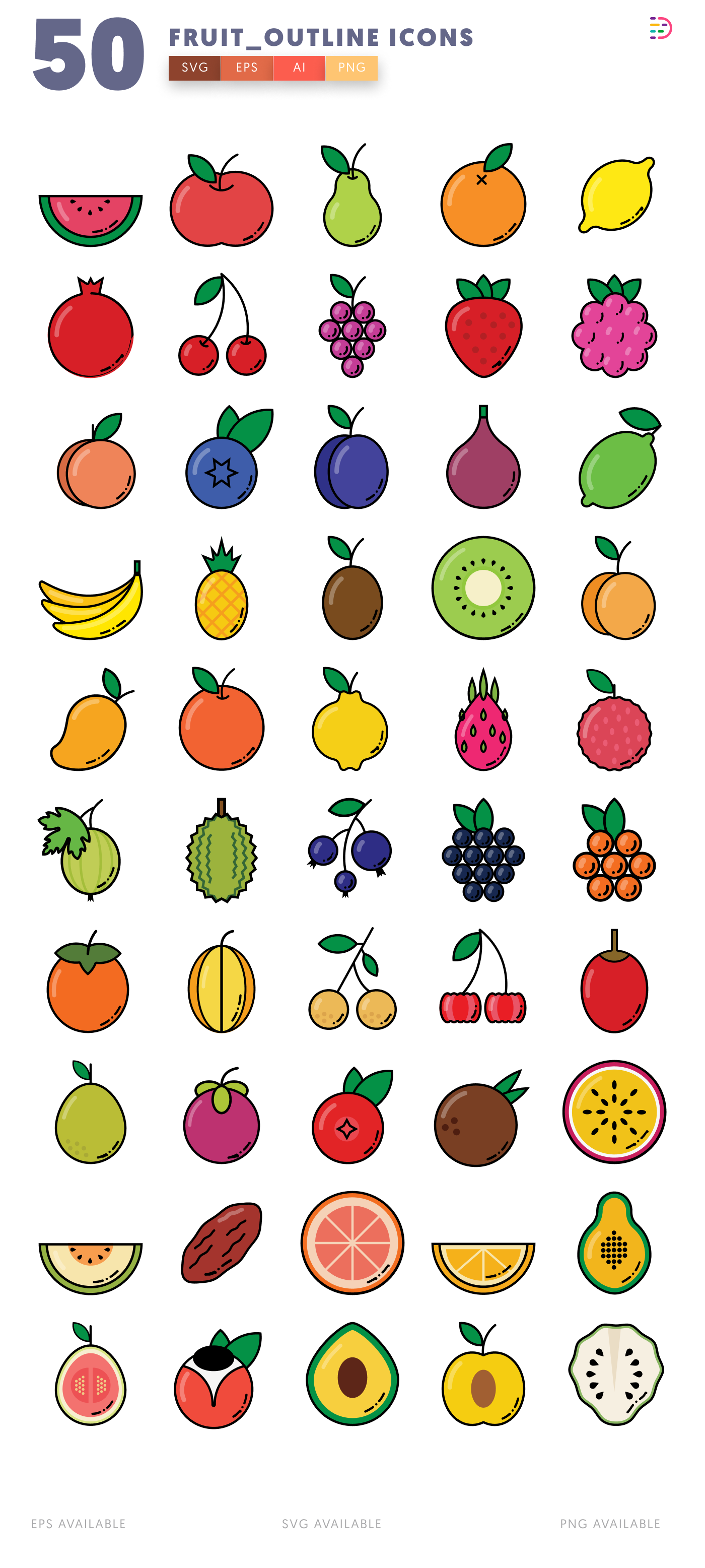 50 Fruit Outline Icons – all icons in the set