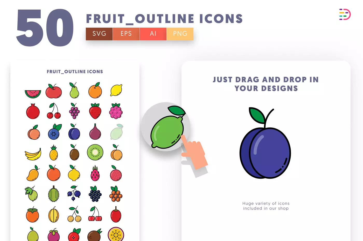 50 Fruit Outline Icons preview 1 – flat circle icons in PNG, SVG and EPS