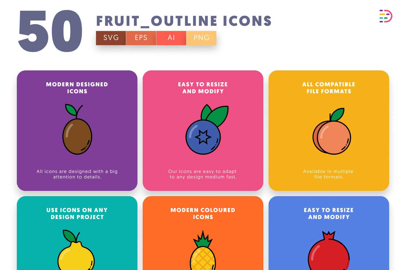 50 Fruit Outline Icons preview 5 – flat circle icons in PNG, SVG and EPS